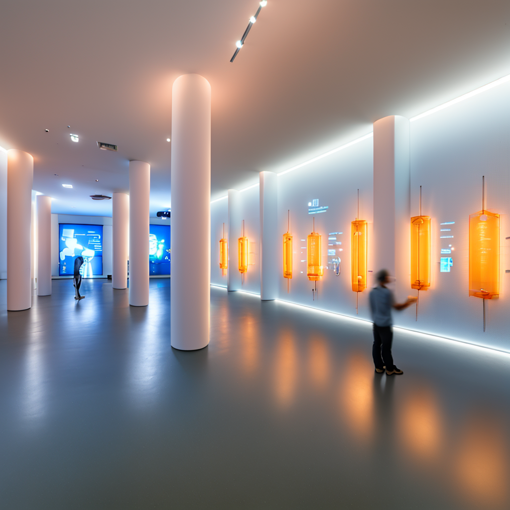 01299-1532956469-A minimalist science and technology museum, an exhibition hall, with a huge screen hanging on the wall, emitting blue light, a m.png